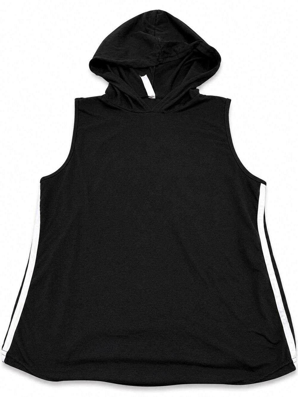 Women’s Black Sleeveless Hooded Tank Top White Side Stripes Size XL